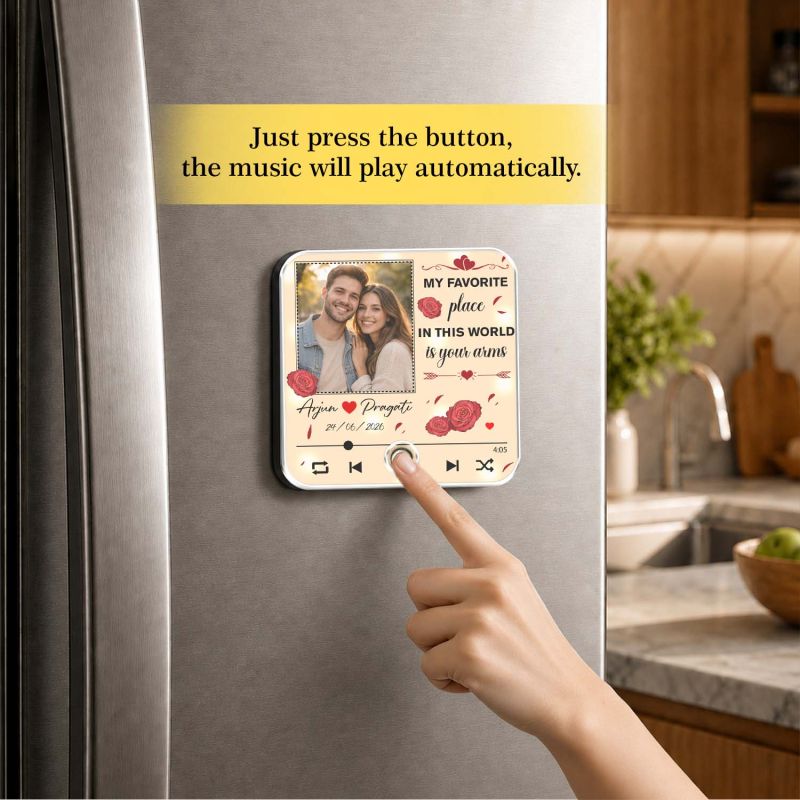 Personalized My Favorite Place is Your Arms Quote Printed Musical Fridge Magnet Anniversary & Birthday Gifts for Boyfriend Girlfriend Husband Wife | Music Player Style Keepsake Frame